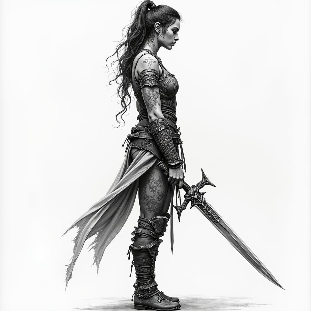 Female Adventurer with Dagger, Pencil Sketch