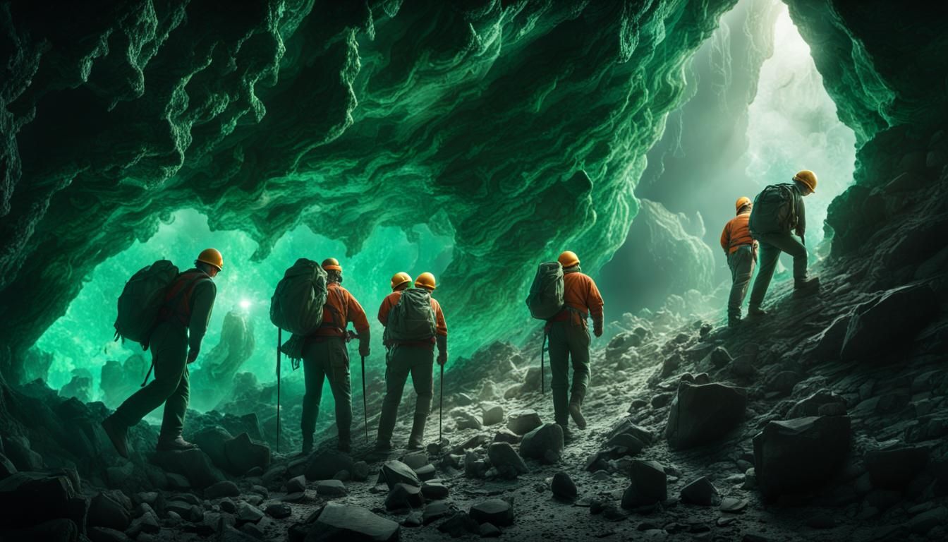 miners exiting a crystal cave, each "carrying" a large perfect specimen of emerald.