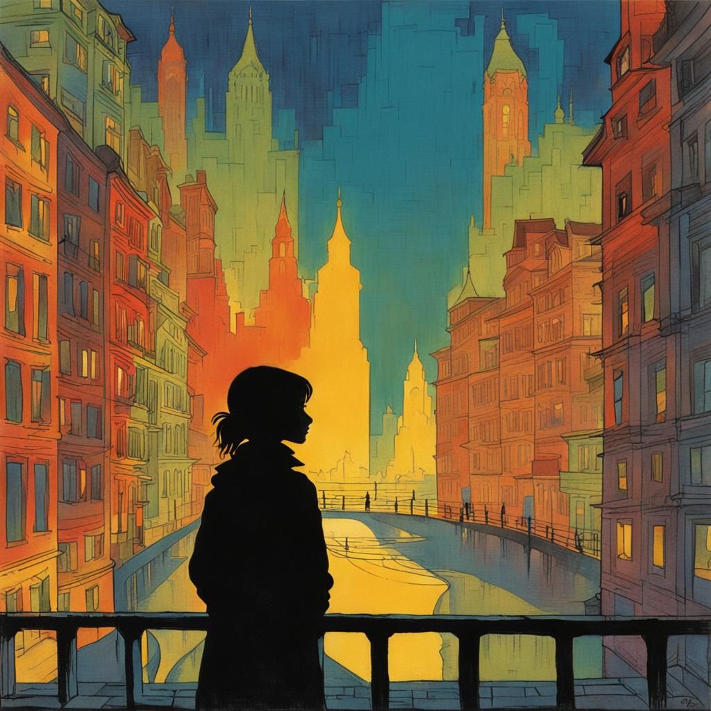 Girl in Cityscape Silhouette by Schuiten Style