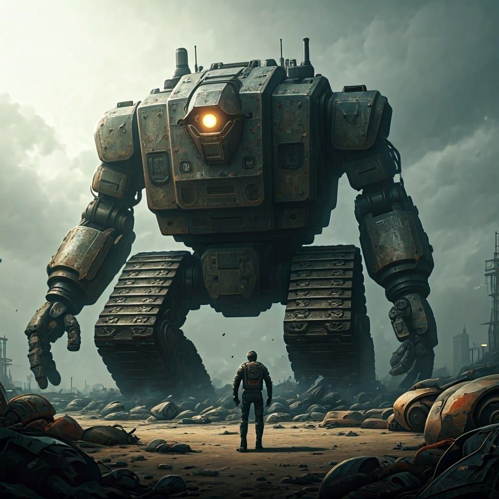 Colossal Robot Walking Fortress in Cyberpunk Wasteland