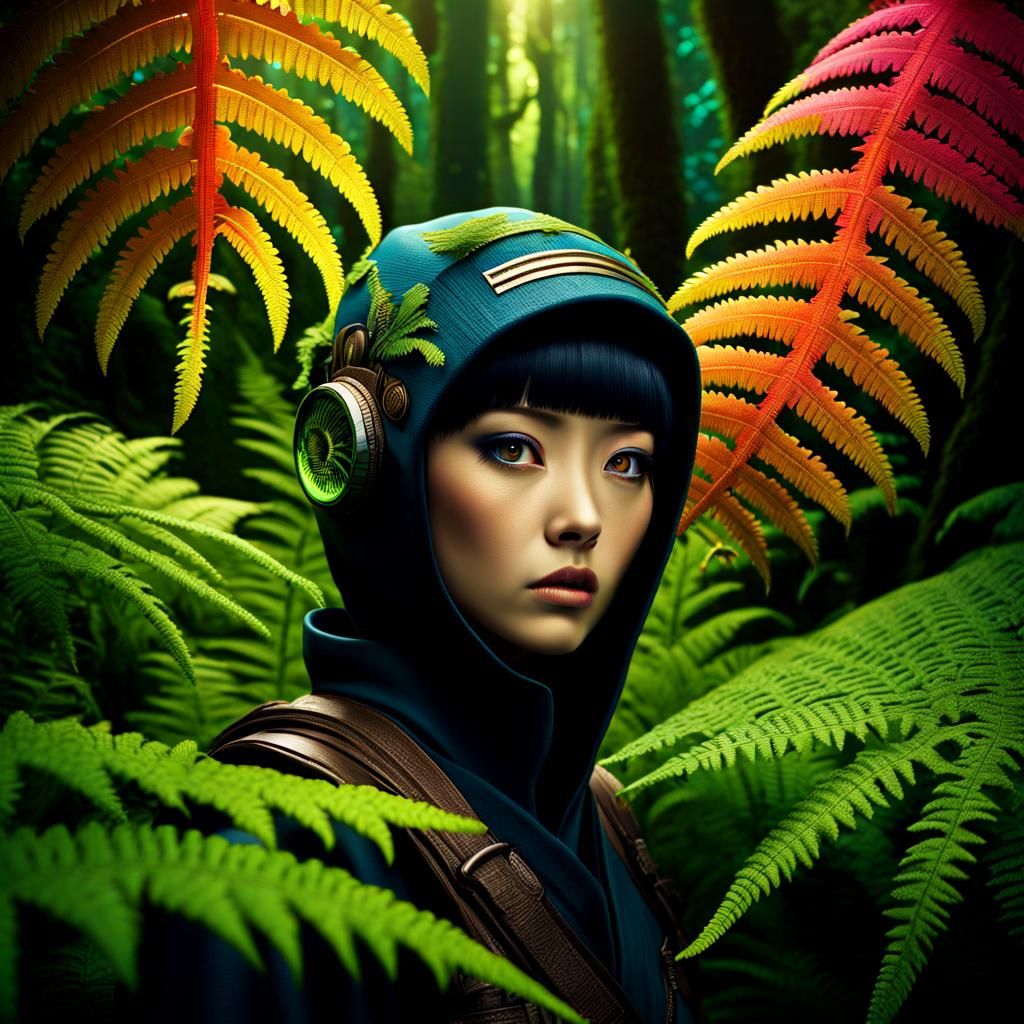 Ninja Merges with Giant Fern in Biomechanical Forest