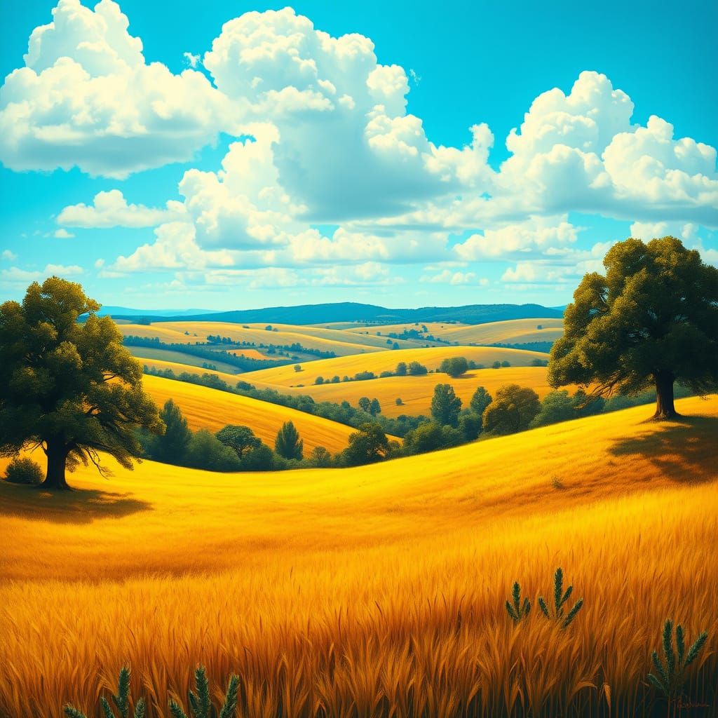 Ukrainian Folk Art Landscape with Golden Hills and Majestic ...