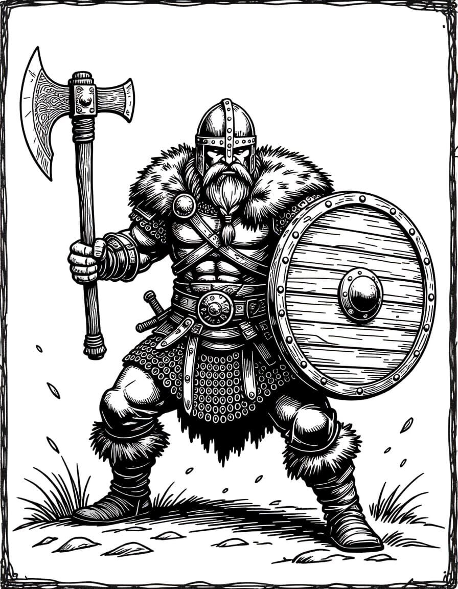 Viking Barbarian in Inked Line Art Style