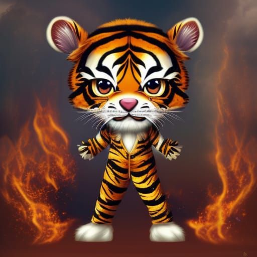 Chibi Anthro Tiger Cub in Flames: Digital Art