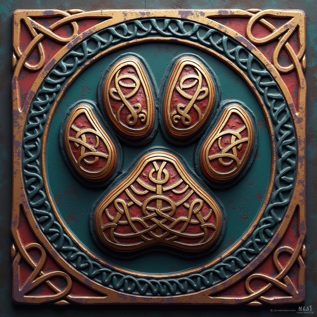 Fantastical Dog Paw Emblem in Whimsical Celtic Style