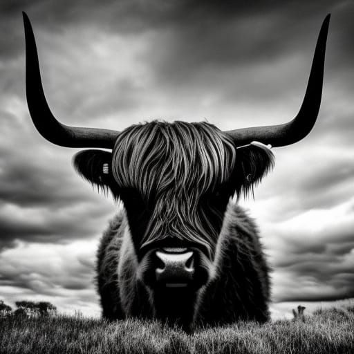 Dramatic Black and White Highland Cattle Portrait