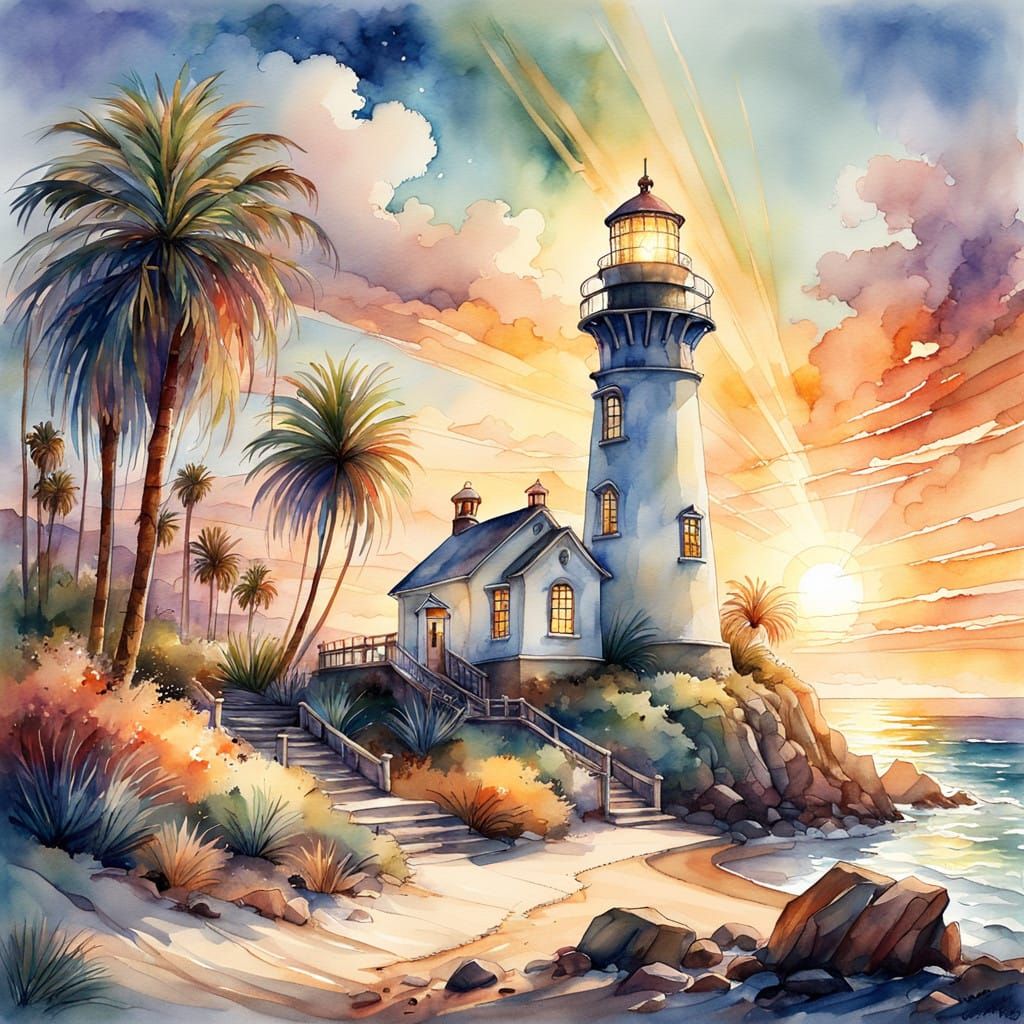 California Lighthouse in Soft Watercolor Style