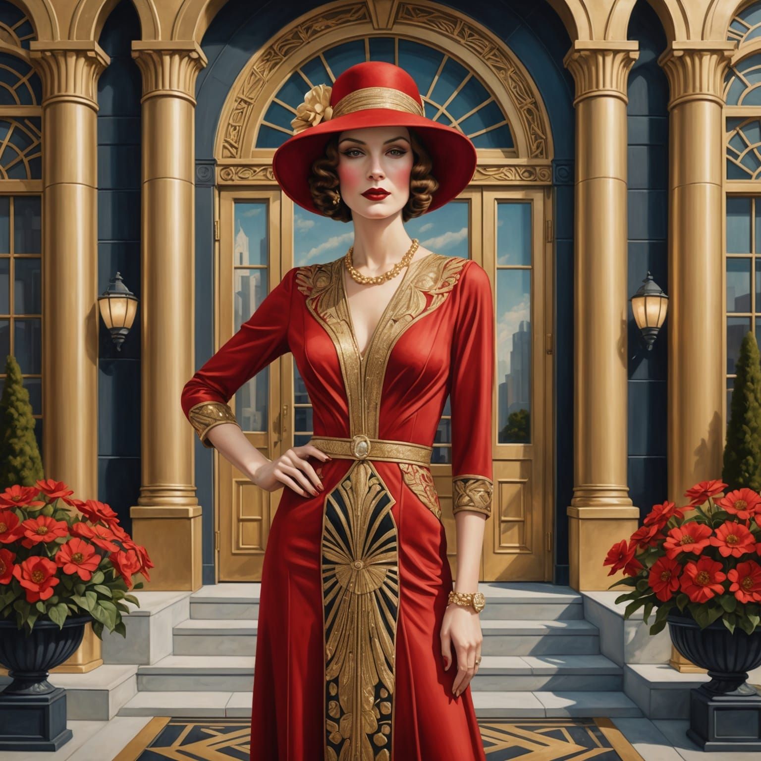 Elegant Art Deco Woman in Golden Dress