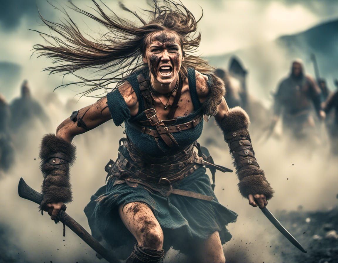 Furious Viking Woman Charging into Battle