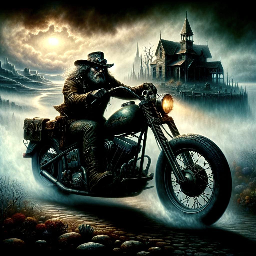 Eerie Biker Cruises Toward Ghost Town