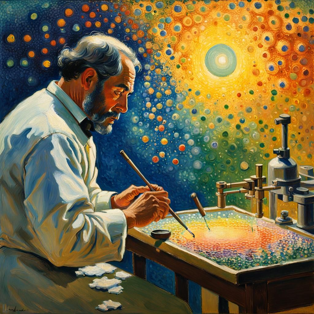 Pointillist Artist in Laboratory with Divisionism Techniques