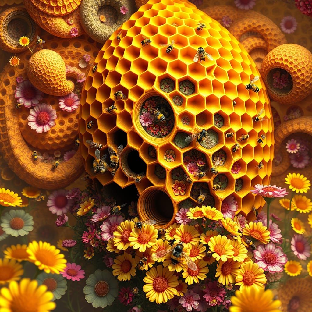 Vibrant Fractal Beehive in Whimsical Wonderland