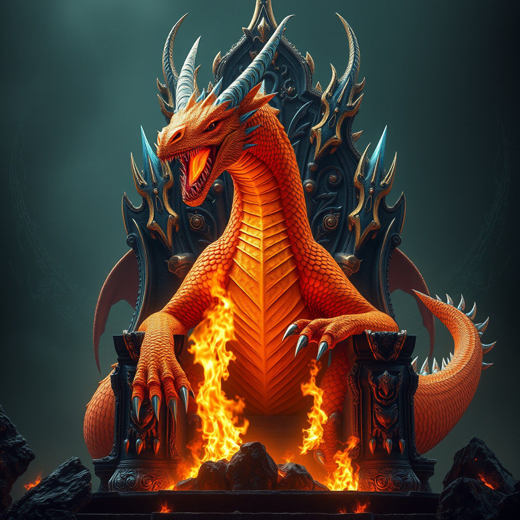 Majestic Fire Dragon on Volcanic Throne: Digital Art