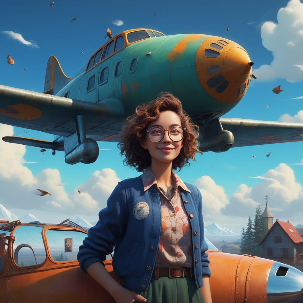 Confident Woman on Vintage Airplane in Dreamlike Landscape