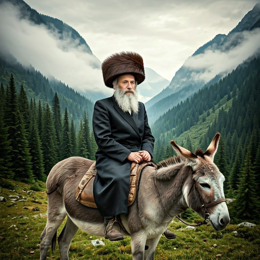 Hasidic Man on Donkey in Carpathian Mountains
