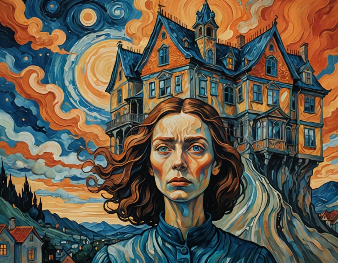 Haunting Figure in Gothic Architecture, Expressionist Style