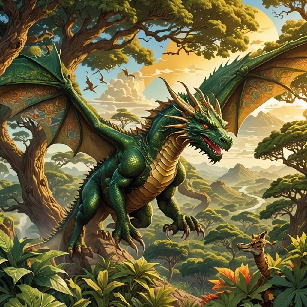 Friendly African Dragon Soaring Over Lush Landscape