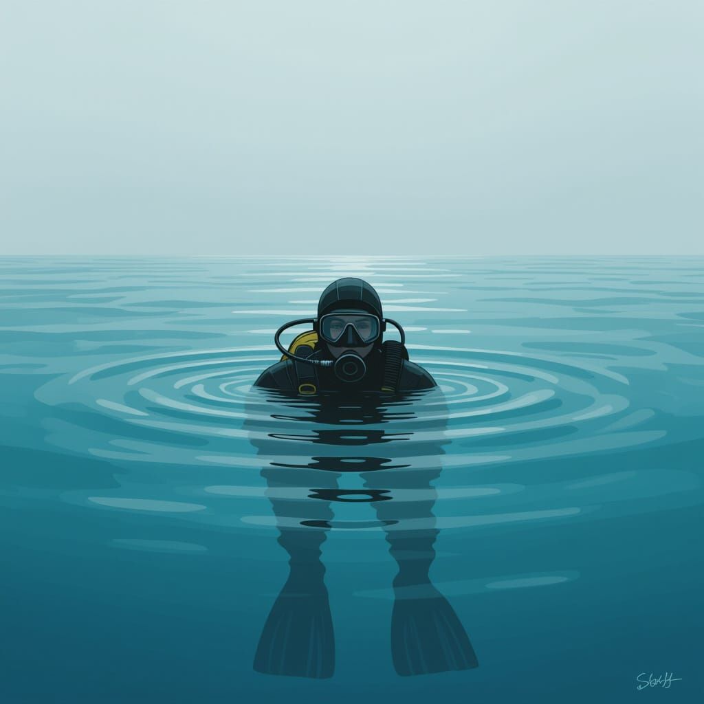 Solo Diver in Serene Misty Ocean Waters