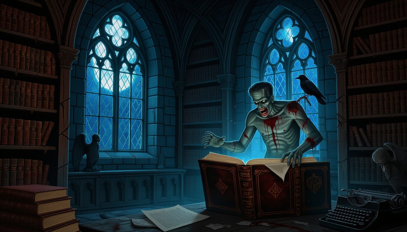 Haunted Library Oil Painting with Eerie Moonlight