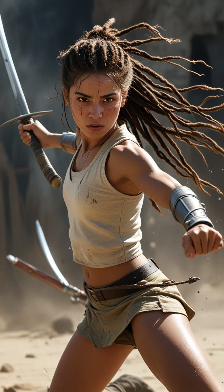 Rasta Warrior Girl in Dynamic Mid-Attack Pose