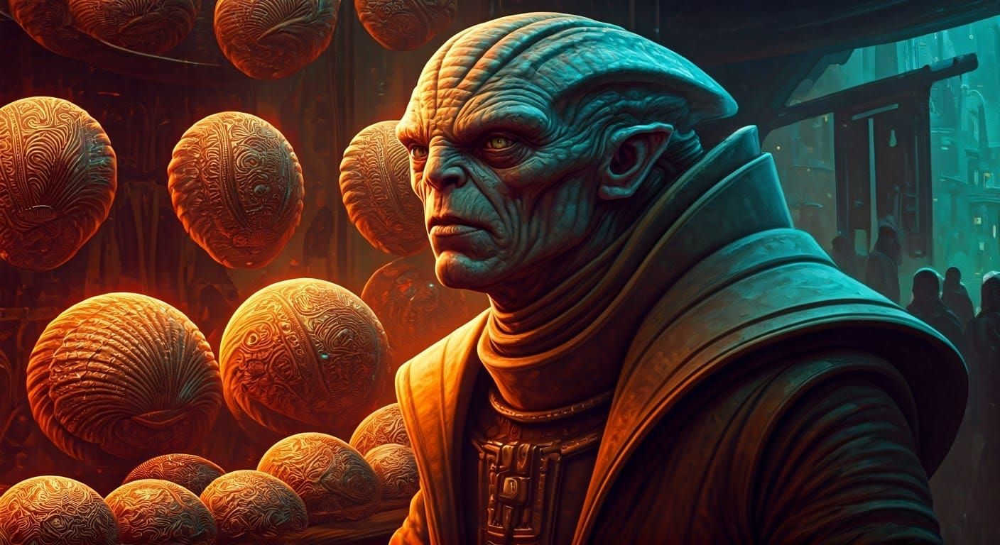 Alien Vendor Selling Shells in Splash Art Style