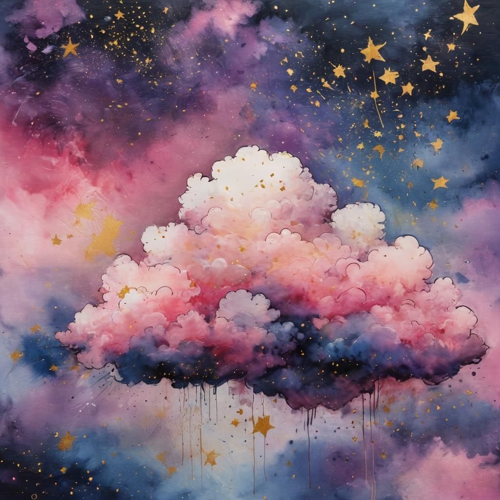 Fluffy Cloud in Starry Sky: Surreal Watercolor