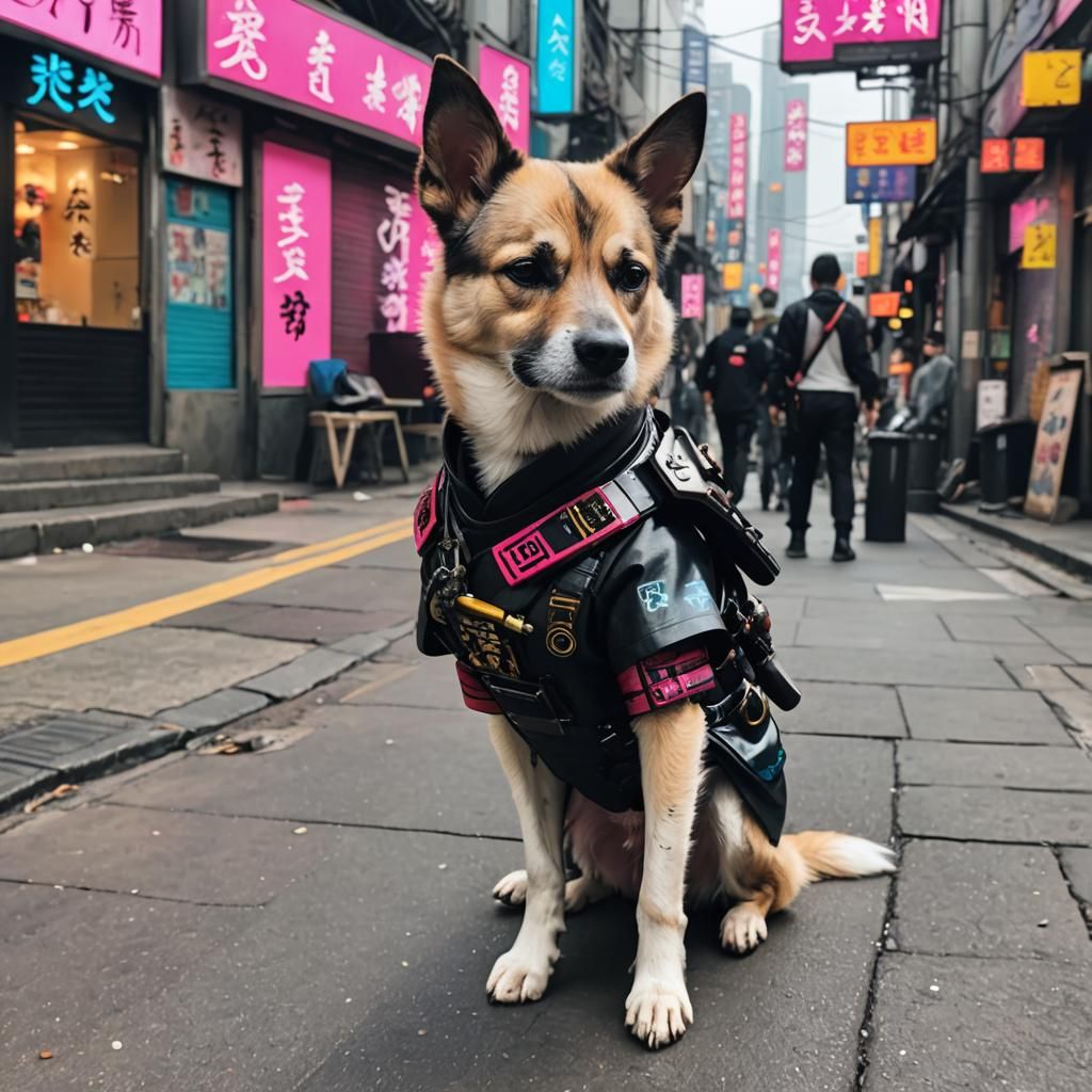 Cyberpunk Samurai Dog in Neon Cityscape