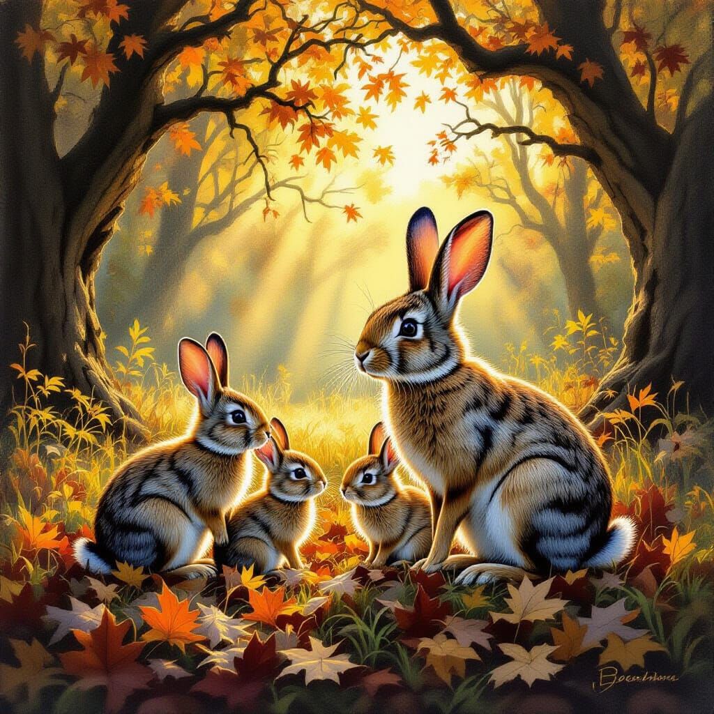 Expressive Charcoal Art: Cottontail Family in Enchanted Fore...