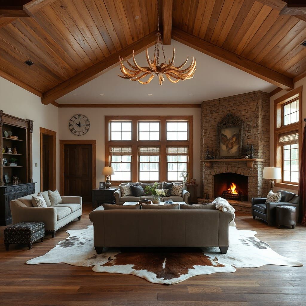 Cozy Farmhouse Lounge with Antler Chandelier & Fireplace