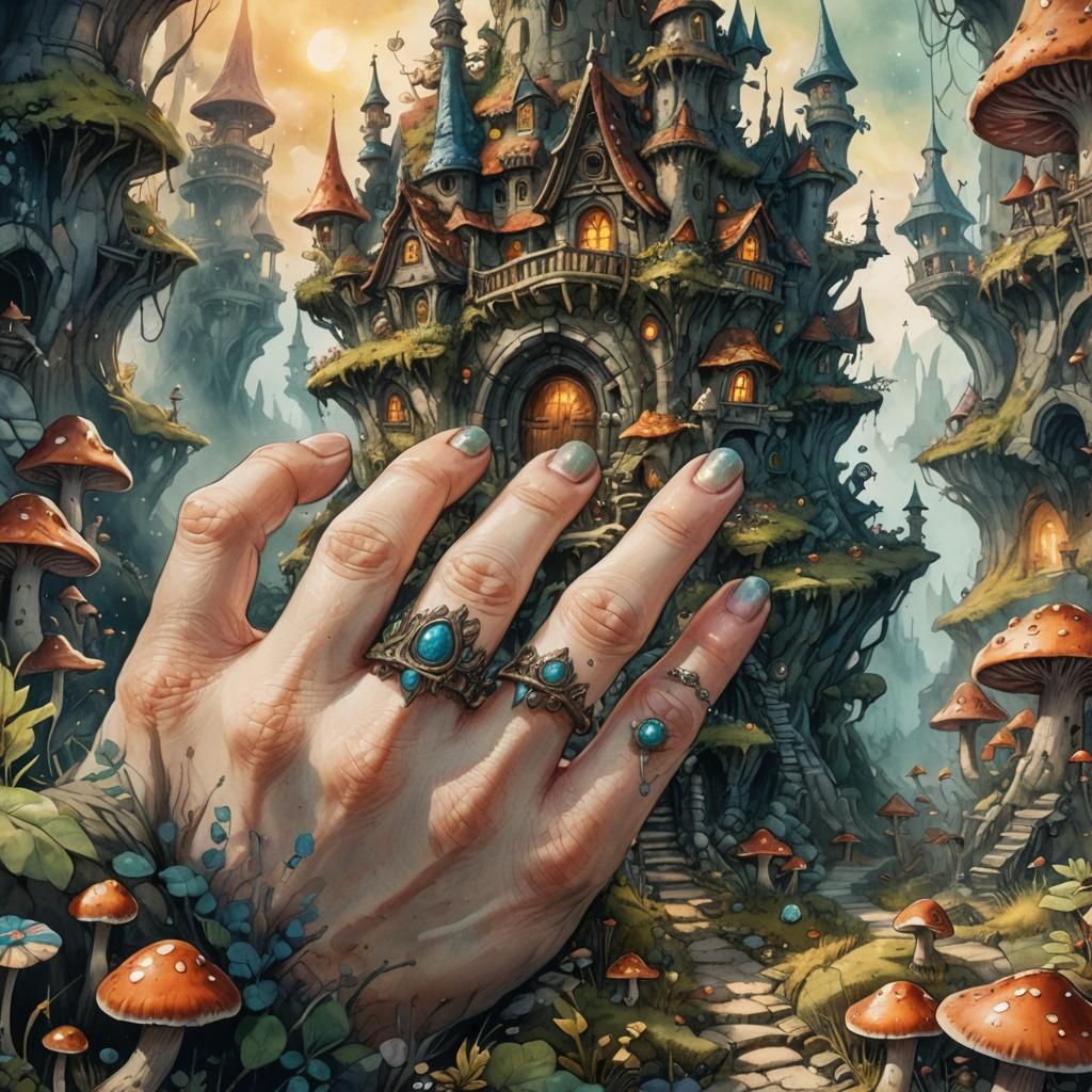 Tiny Troll World on Finger in Watercolor and Ink