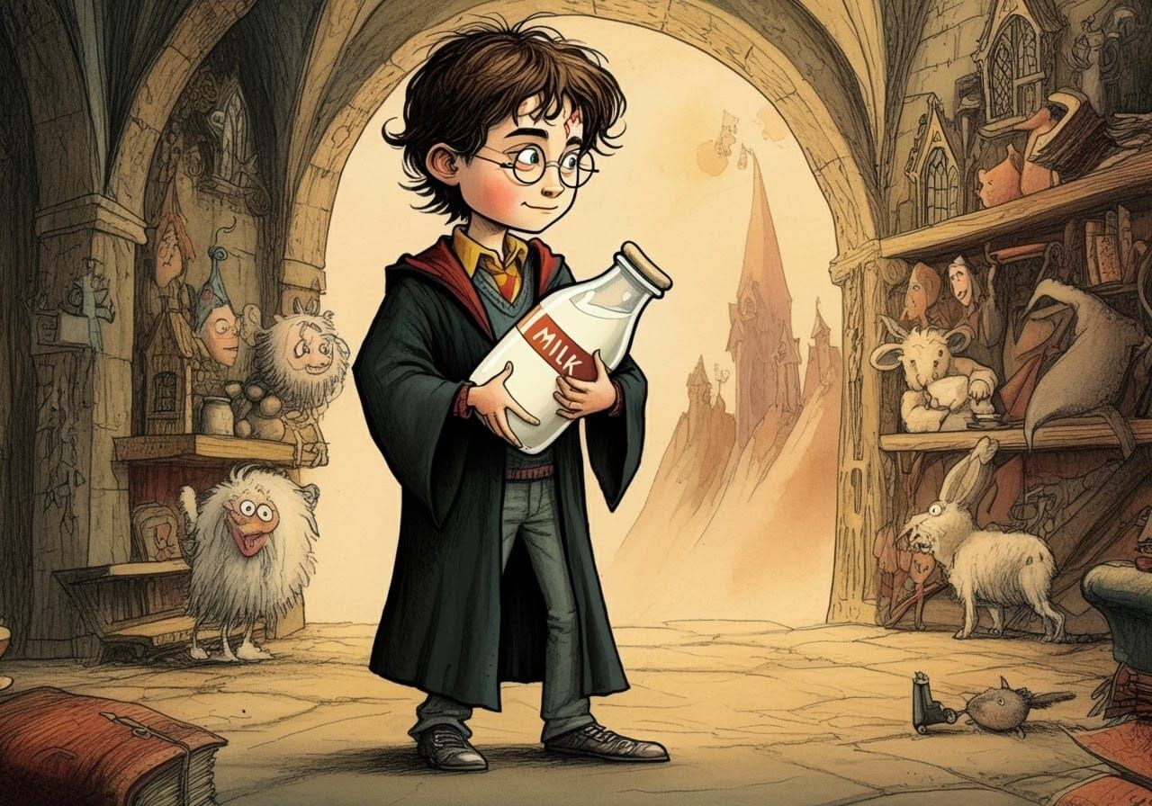 Harry Potter with Milk, Quentin Blake-Style Illustration