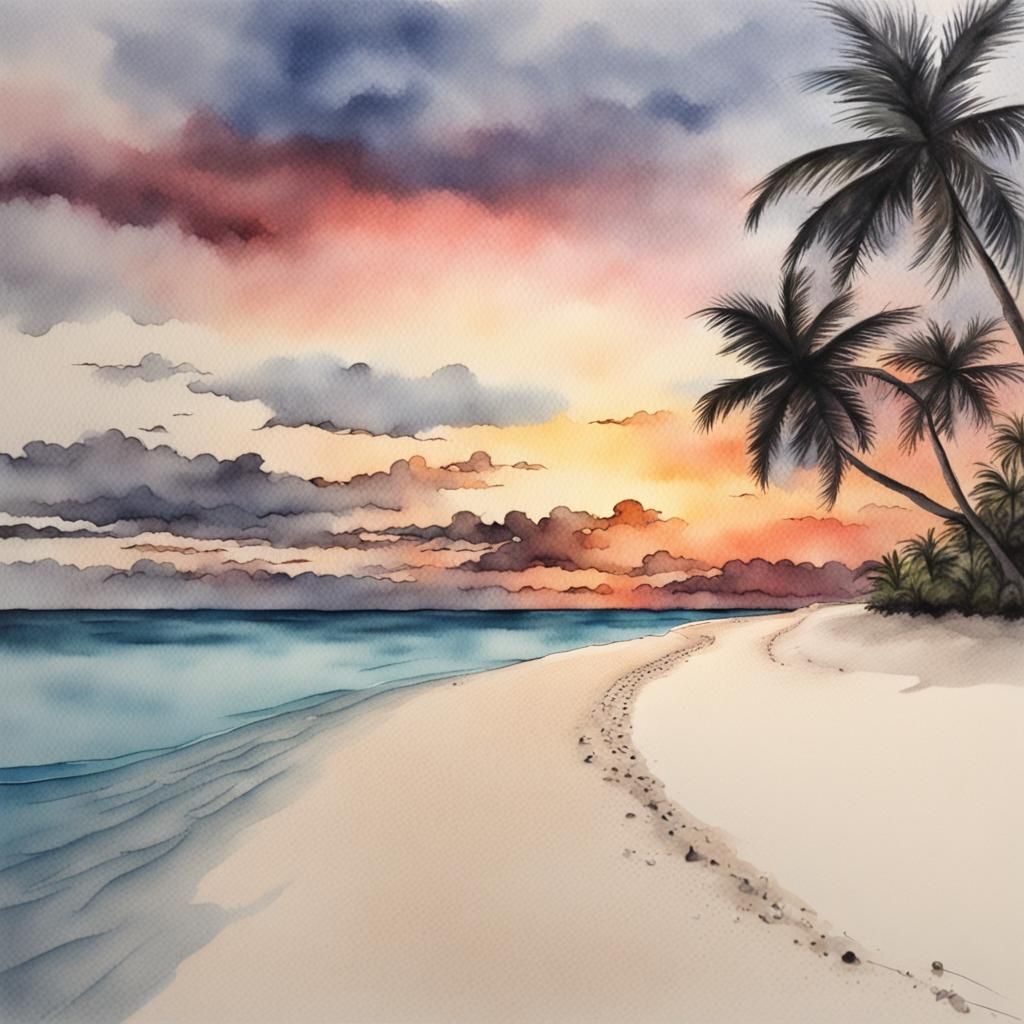 Watercolor Sunset on Maldives Beach