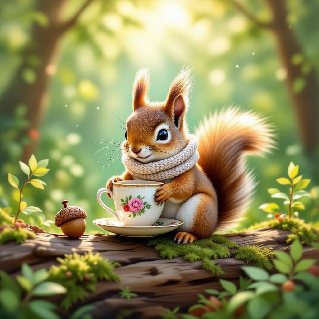 Squirrel with Acorn Teacup in Sunlit Forest