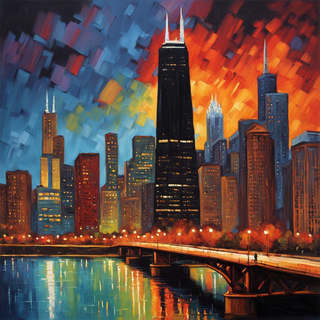 Chicago Skyline at Night Neo-Impressionist Oil Painting