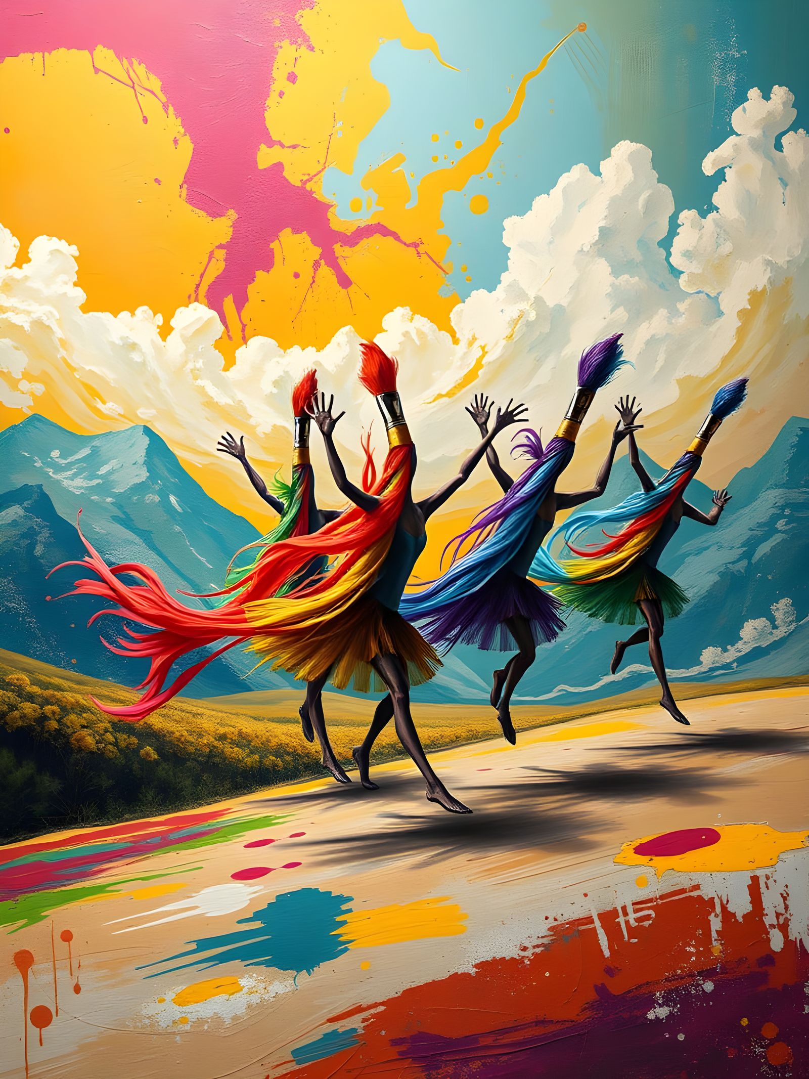 Surreal Paintbrushes Dance Across Vibrant Canvas