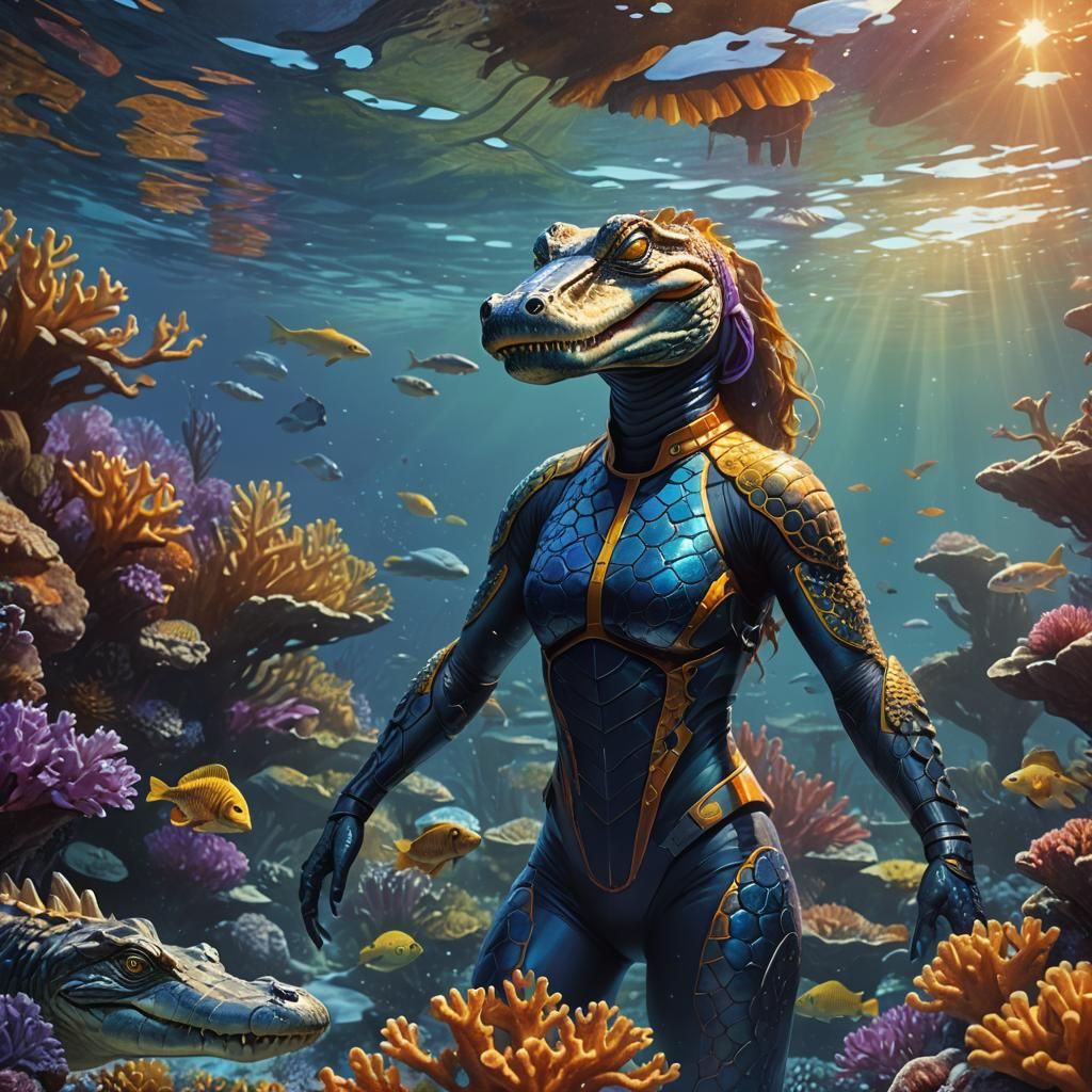 Alligator Woman Swims Through Coral Reef