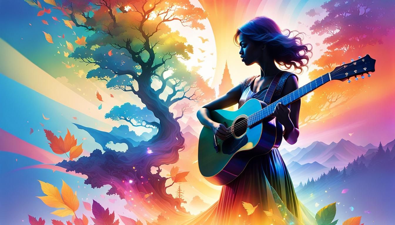 Surreal Double Exposure of Woman Playing Guitar Amidst Four...