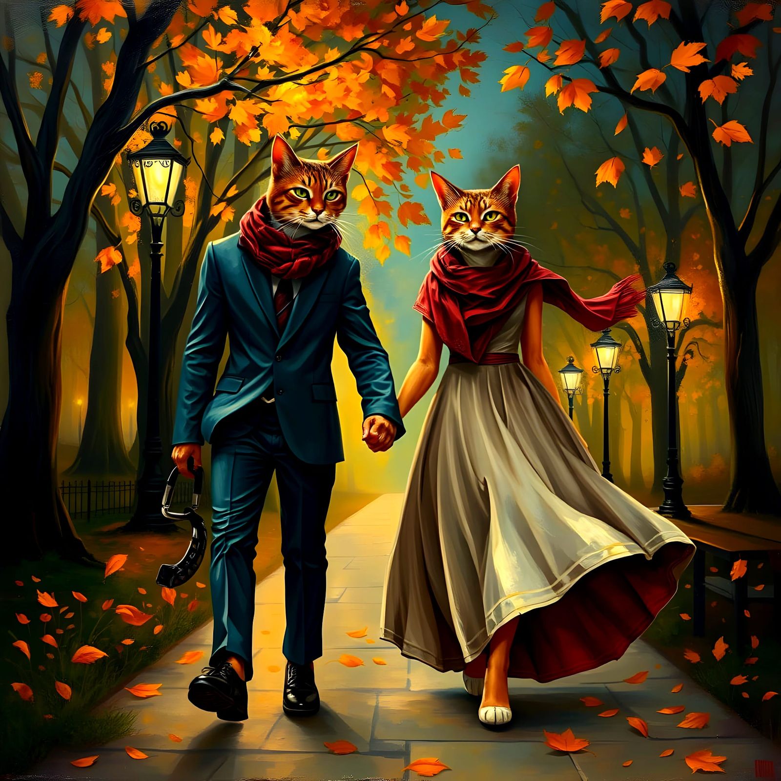 Anthropomorphic Cats' Autumn Date Night as Impasto Painting
