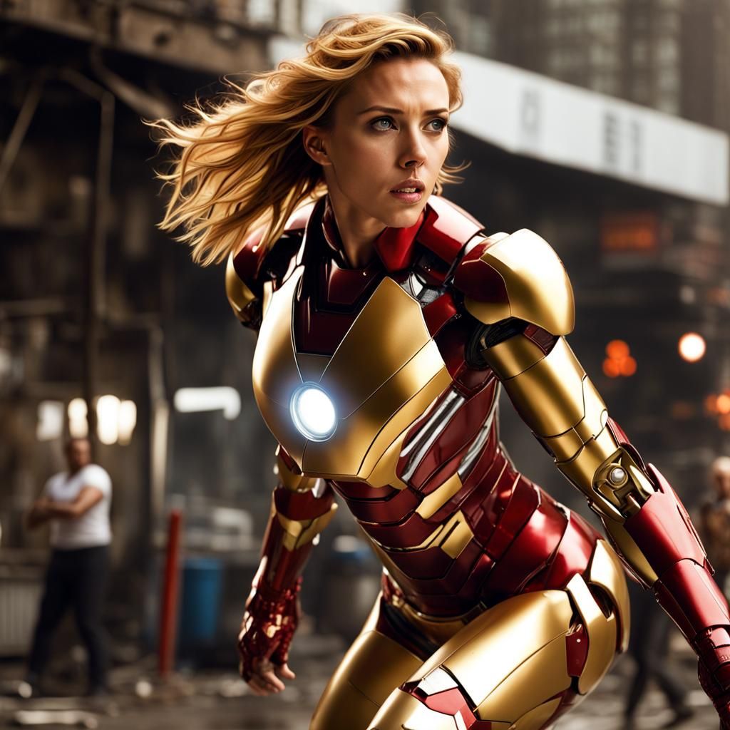 Armored Woman in Post-Apocalyptic Cityscape