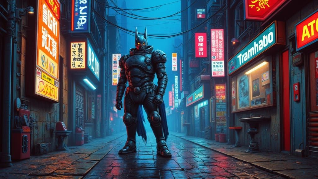 Cyberpunk Knight on Robotic Steed in Neon City
