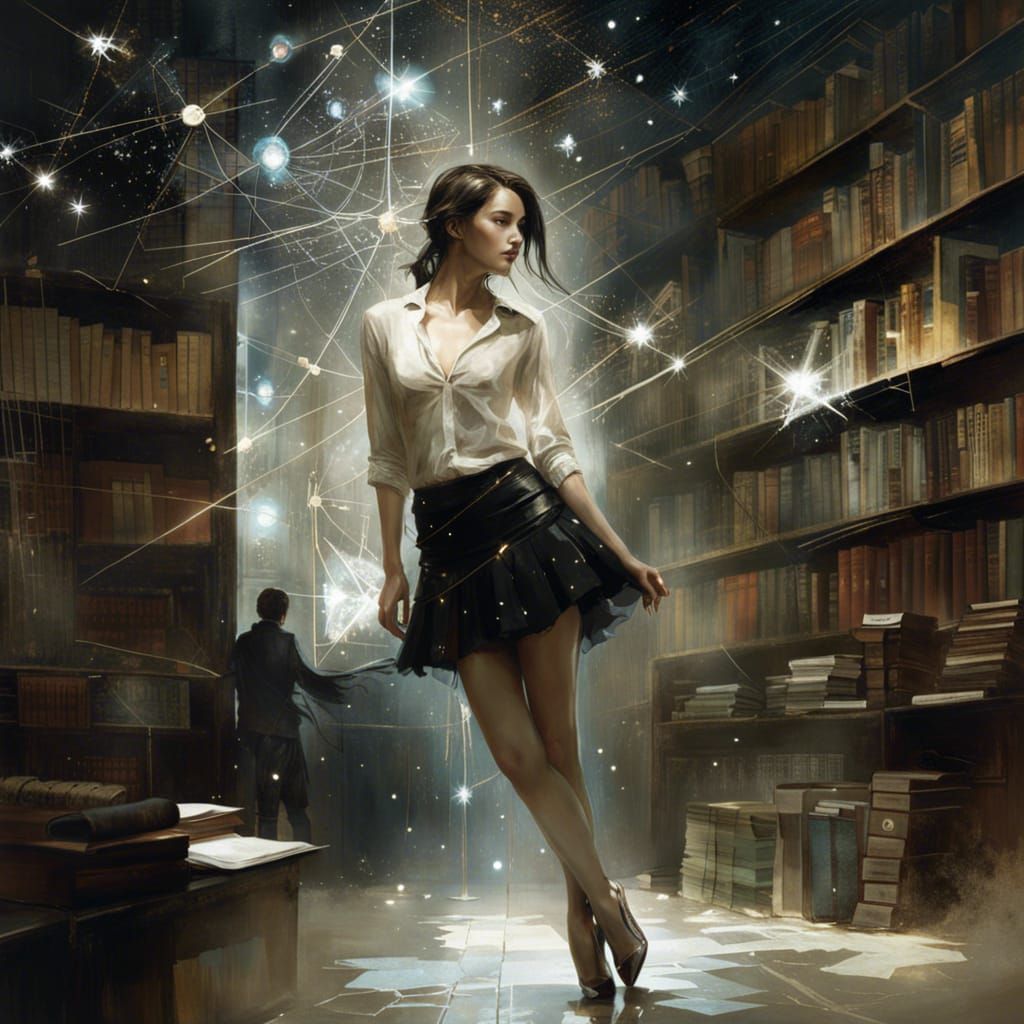 Woman in Bookstore Constellation, Impasto Style