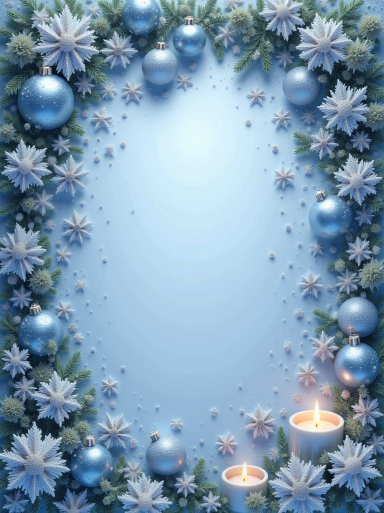 Sparkling Christmas Frame with Blue Silver Ornaments and Eve...