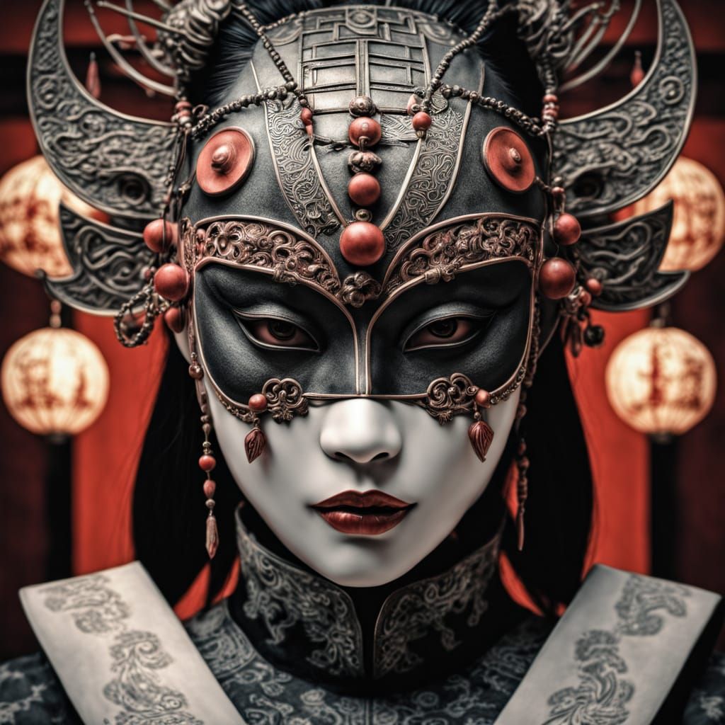 Hyperrealistic Japanese Gothic Female Mask in Bauhaus Style