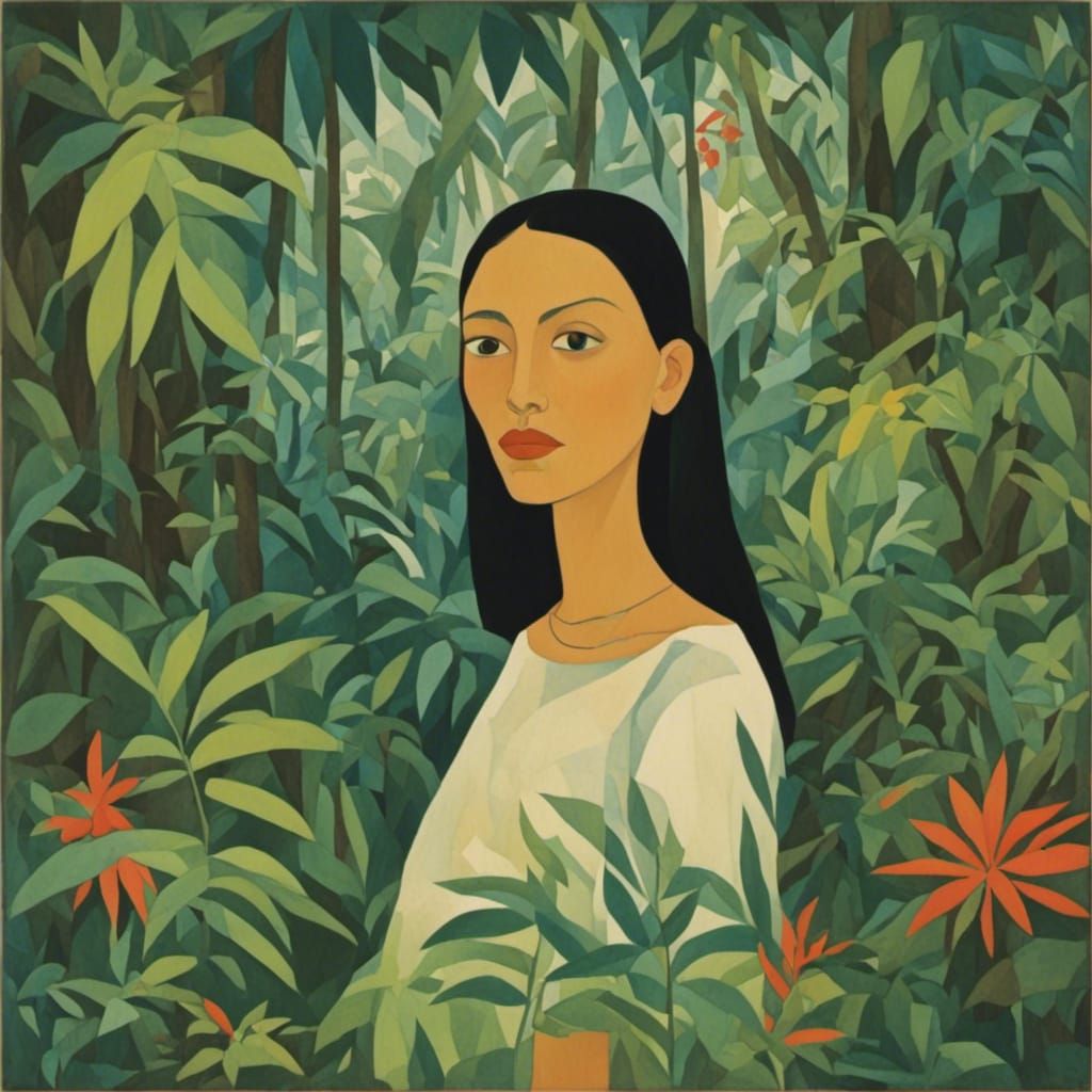 Jungle Woman Portrait in Mid-Century Style