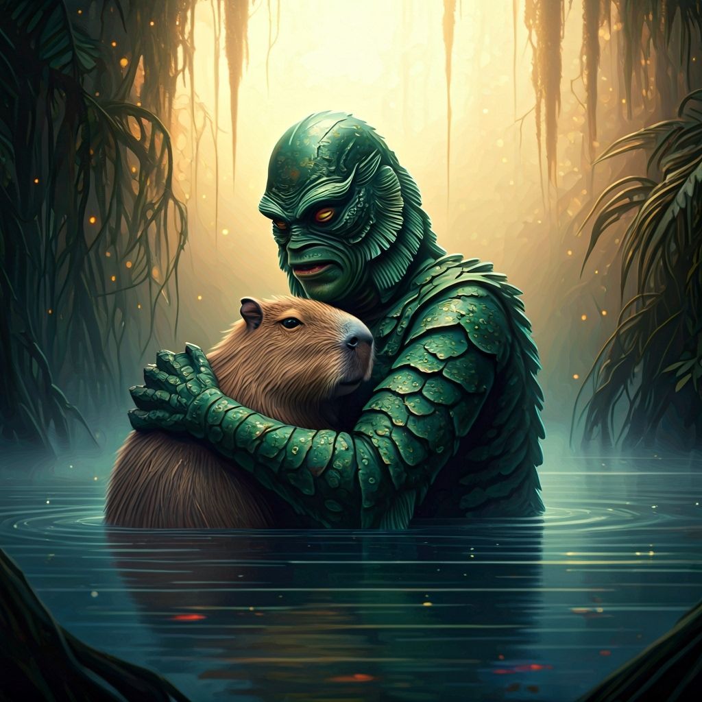 Creature Hugs Capybara in Dreamy Watercolor Swamp