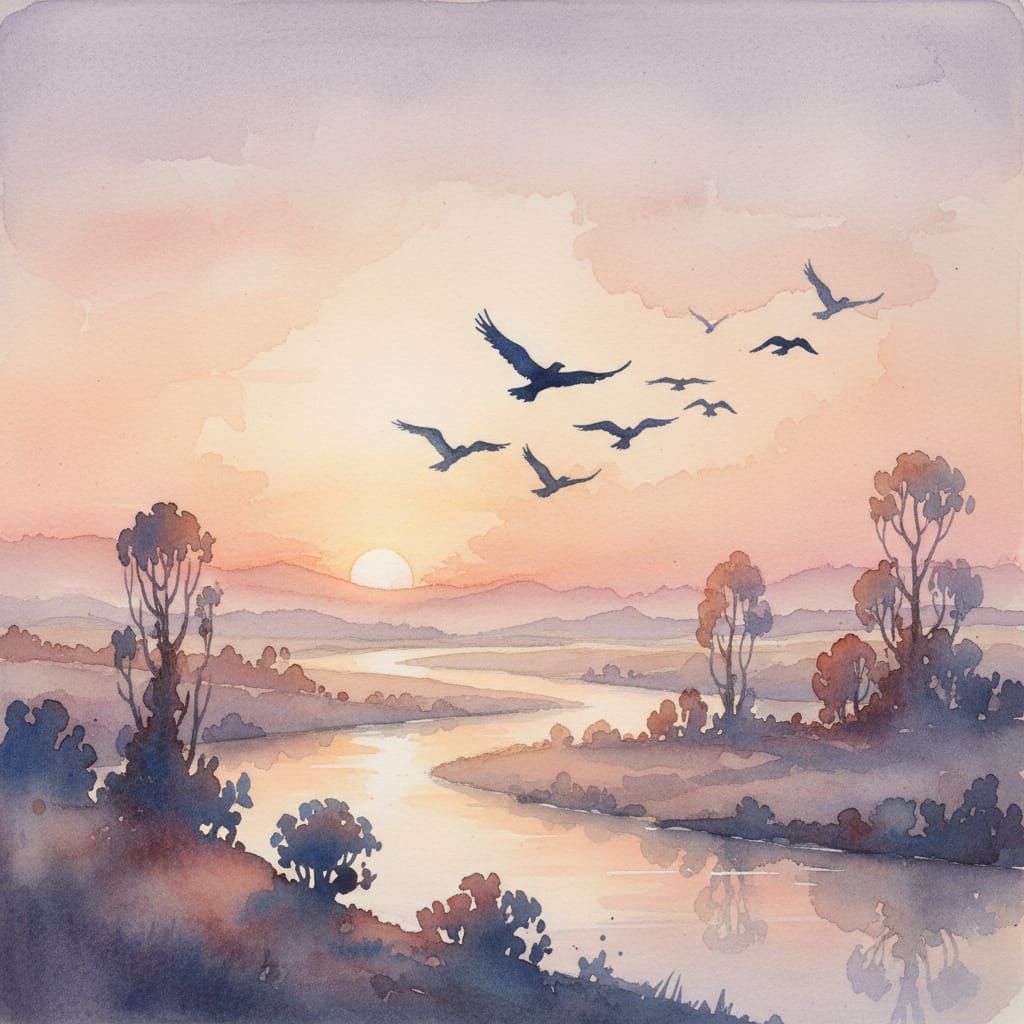 Sunrise Migration: Birds Fly in Pastel Watercolor