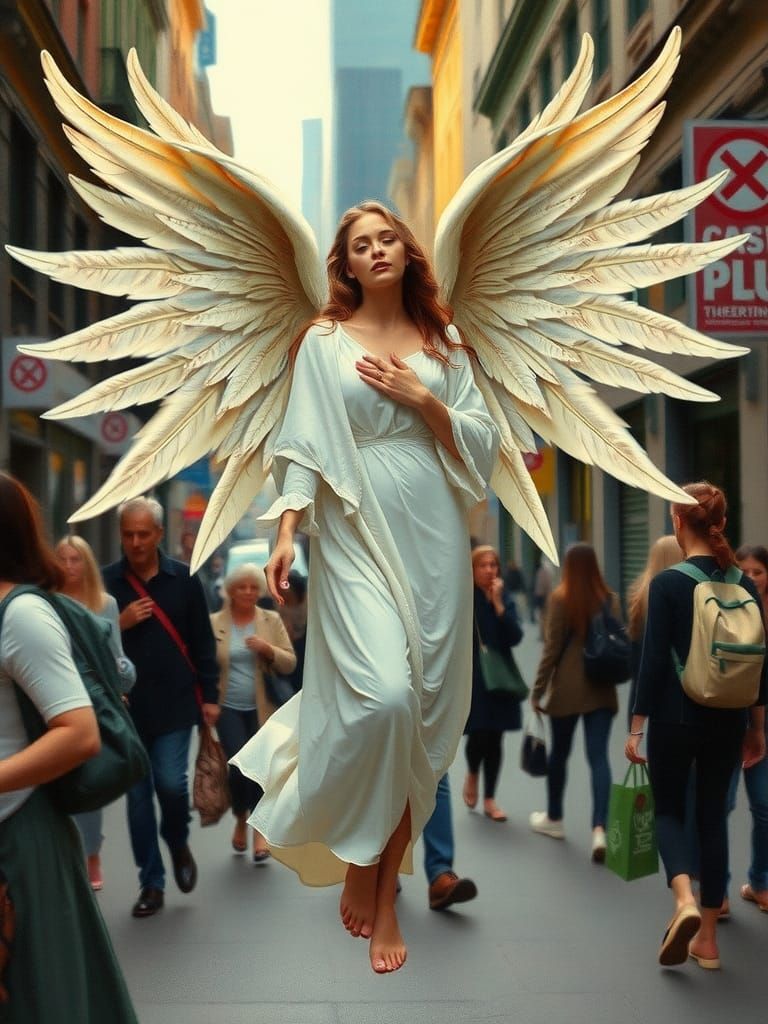 Angelic Figure in City Street, Neoclassical Realism Style