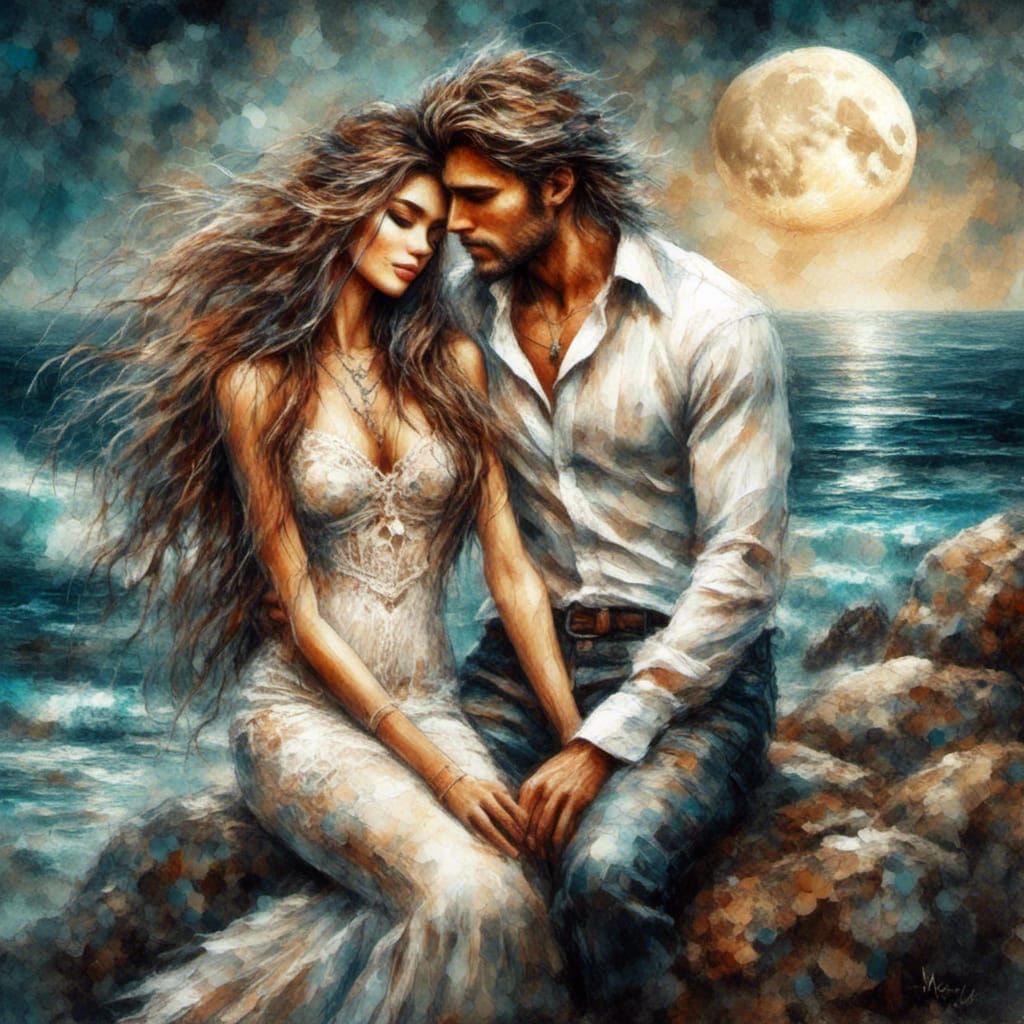 Romantic Mermaid Embrace in Antique Watercolor Style