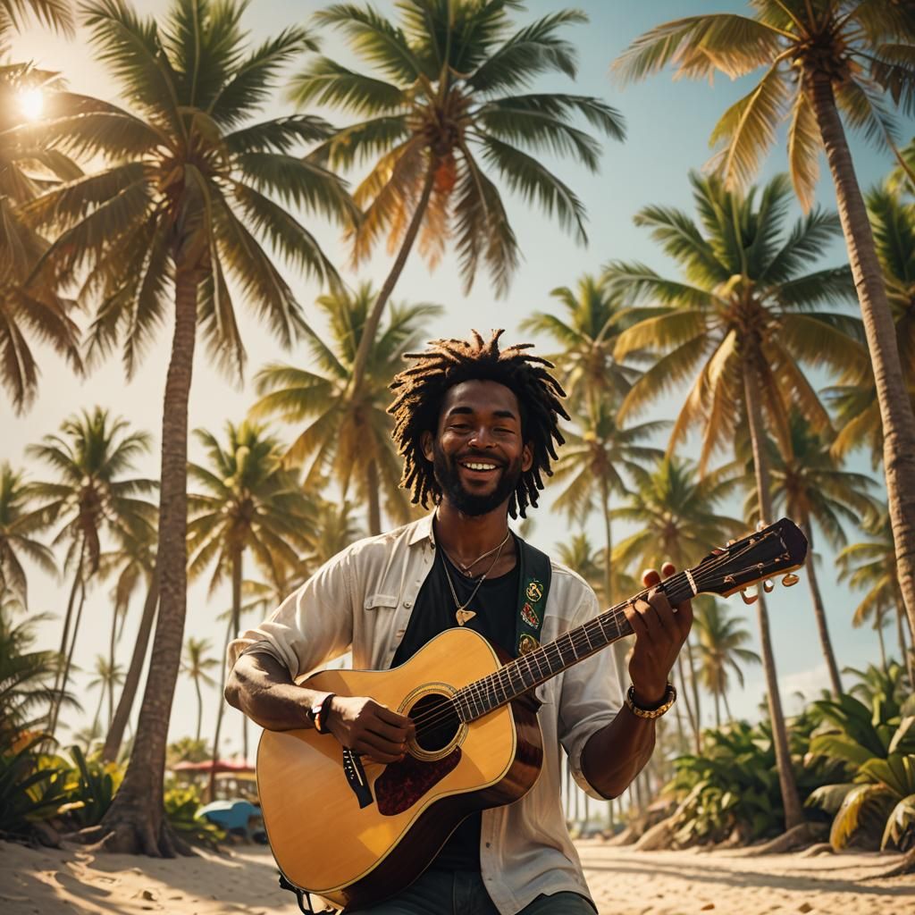 Tropical Beach Musician in Vibrant Concept Art
