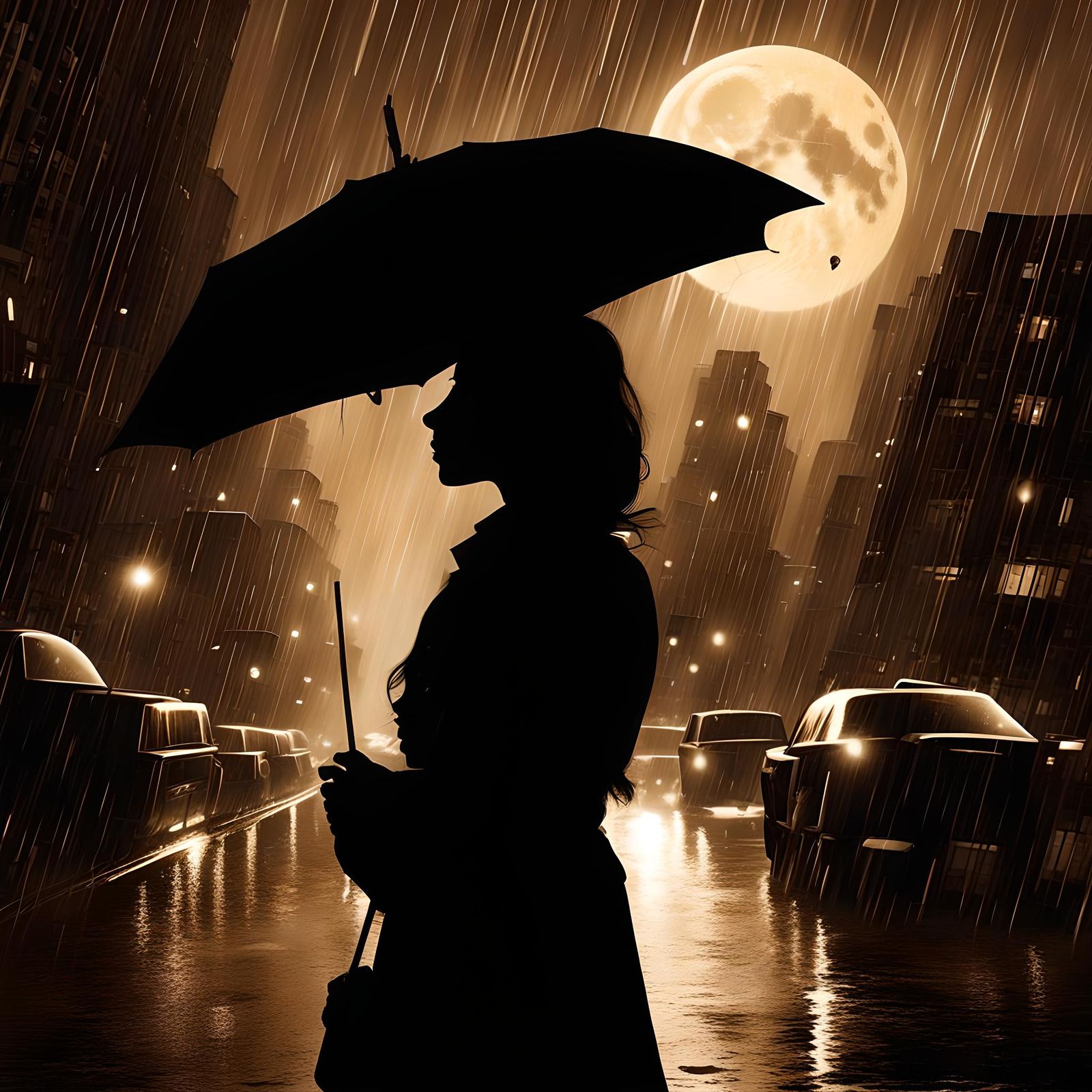 Sepia Silhouette: Rainy Midnight in New York